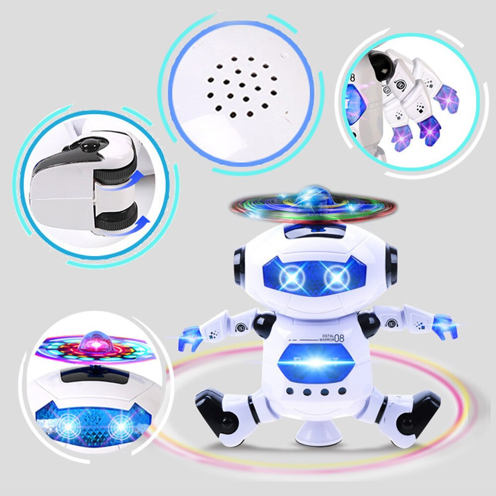 Robot dansator 360° cu lumini LED si muzica, auto-evitare obstacole, cap cu proiector, alb/negru [2]