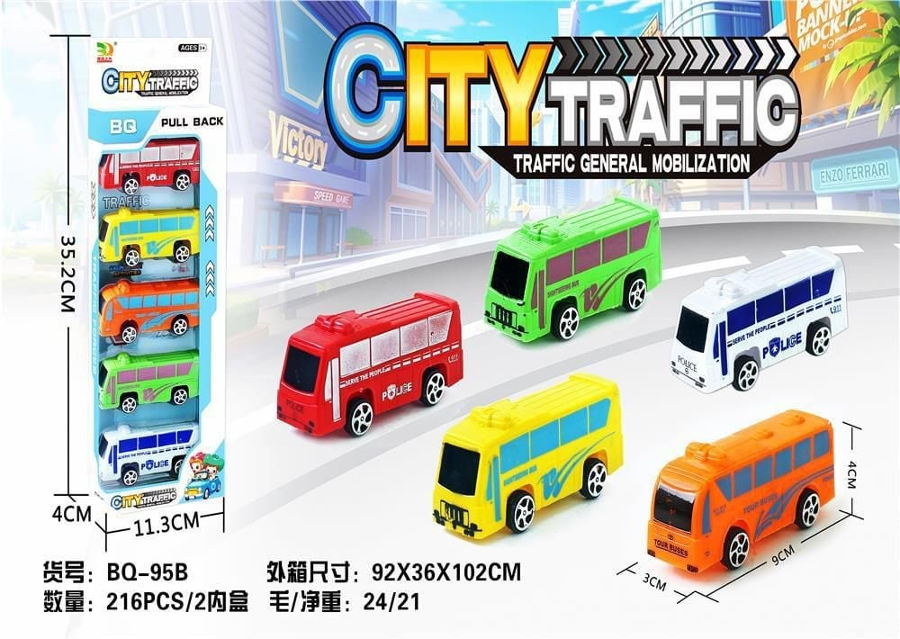 Set 5 autobuze City Traffic, pull-back action, 32.5×11.5×4cm, multicolor, +3ani,   [2]