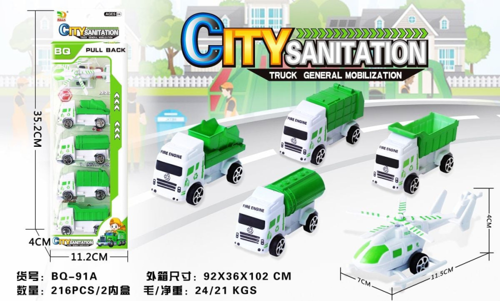 Set 5 vehicule City Sanitation, pull-back action, 32.5×11.5×4cm, +3ani,   [3]
