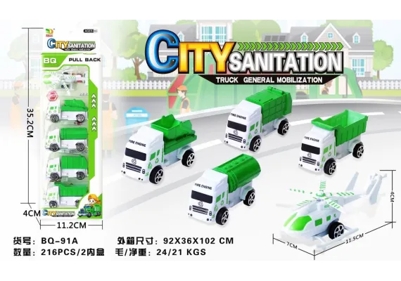 Set 5 vehicule City Sanitation, pull-back action, 32.5×11.5×4cm, +3ani,   [1]