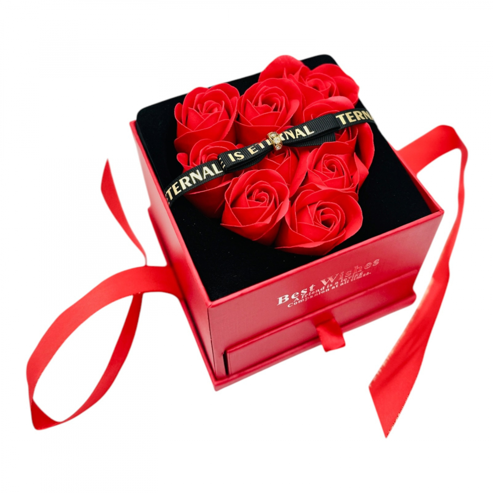Set cadou, aranjament floral cu 9 trandafiri de sapun, bratara decorativa si punguta premium [1]