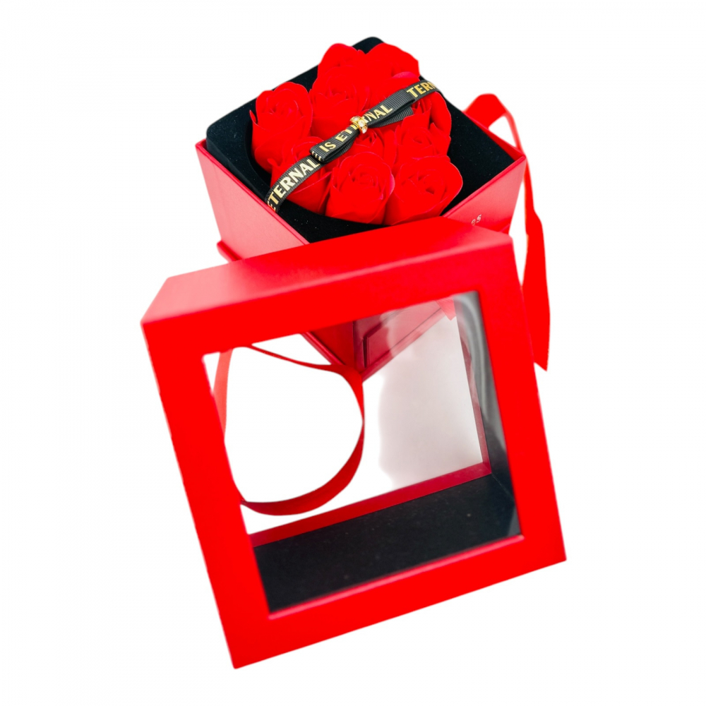Set cadou, aranjament floral cu 9 trandafiri de sapun, bratara decorativa si punguta premium [3]
