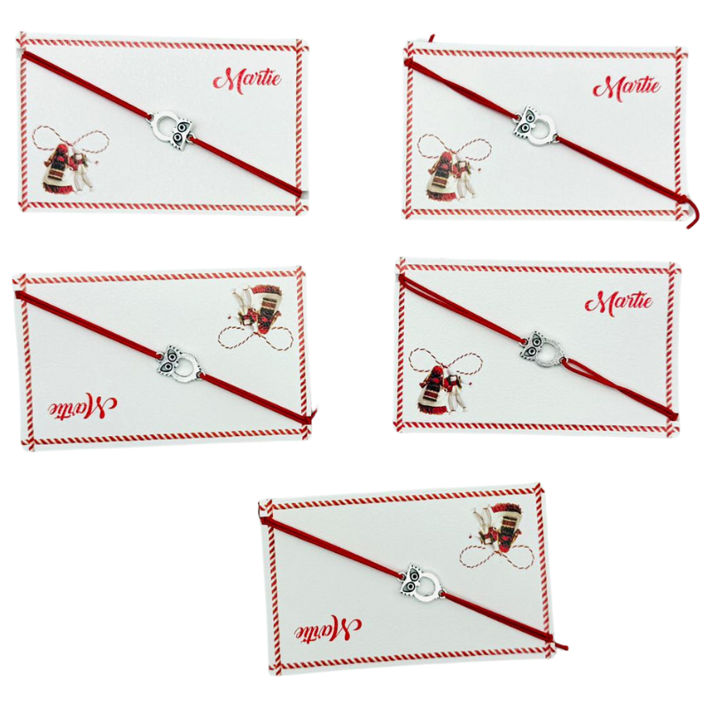 Set de 5 bratari reglabile Martisor, cu snur elastic si pandantiv Bufnita Inteleapta – model 2025 [1]