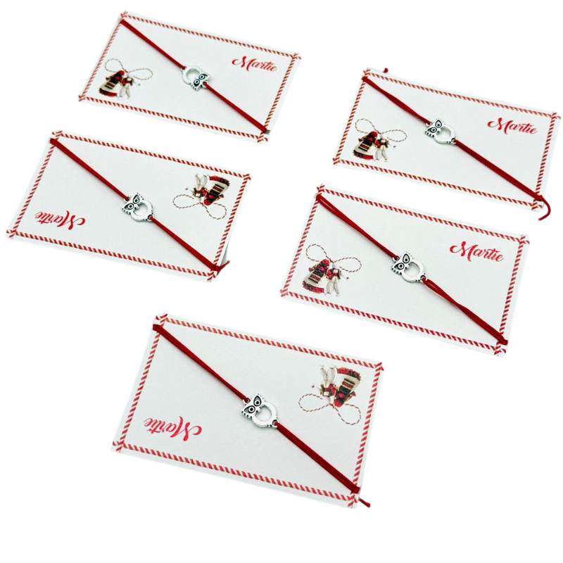 Set de 5 bratari reglabile Martisor, cu snur elastic si pandantiv Bufnita Inteleapta – model 2025 [3]