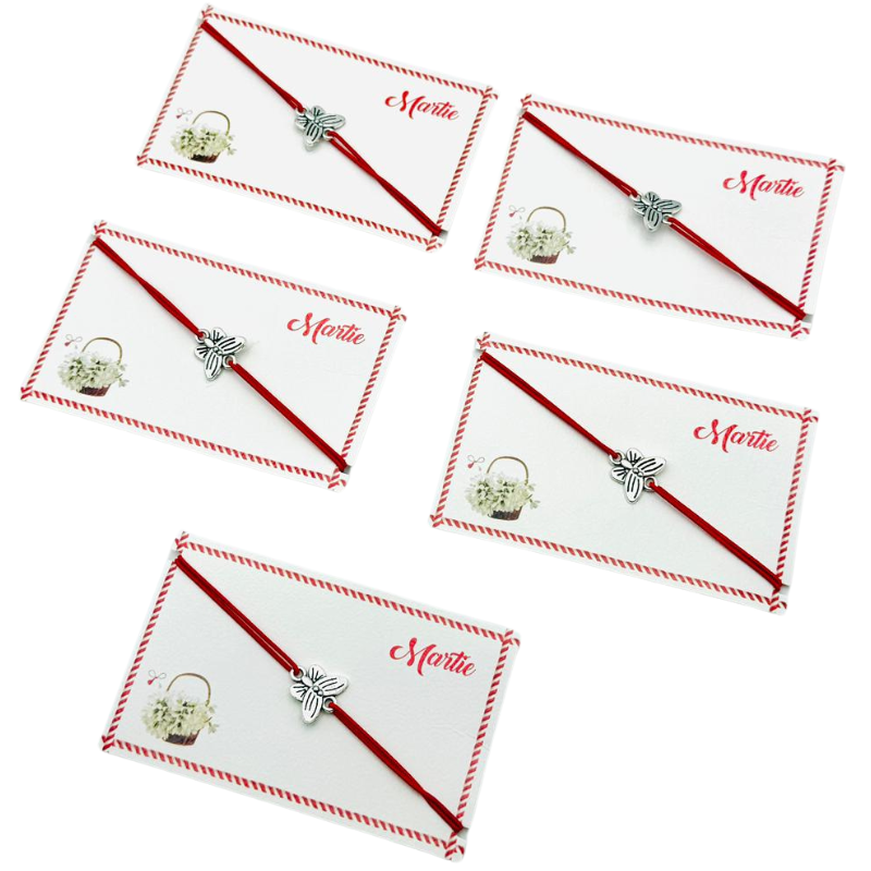 Set de 5 bratari reglabile Martisor, cu snur elastic si pandantiv Fluturas – model 2025 [3]