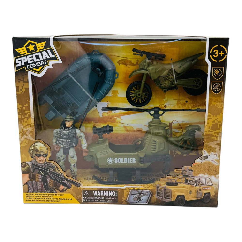 Set Special Combat - Barca Militara, Motocicleta, Elicopter si Figurina Soldat, 27×23×7cm  [3]
