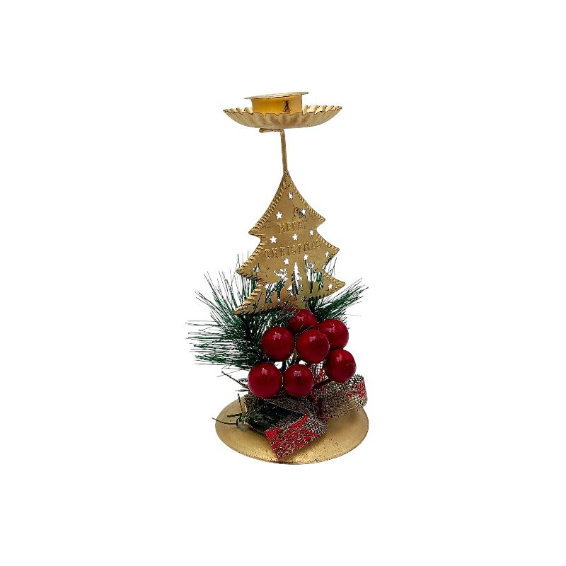 Sfesnic metalic Craciun cu bradut auriu – 1 loc pentru tealight, 16x8cm [2]