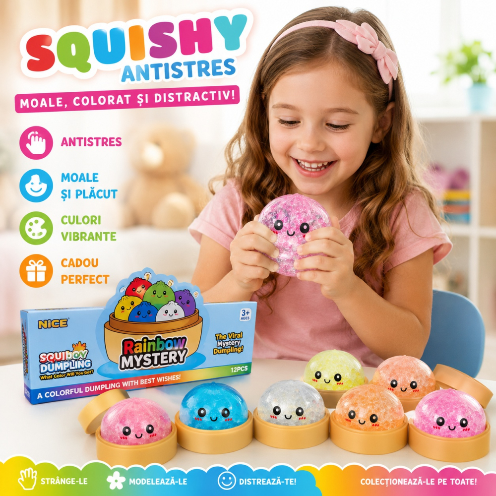 Squishy Dumpling cu Biluțe Gel 8,5 cm în Cutie Tip Bambus - Jucărie Antistres, Model Aleatoriu [3]