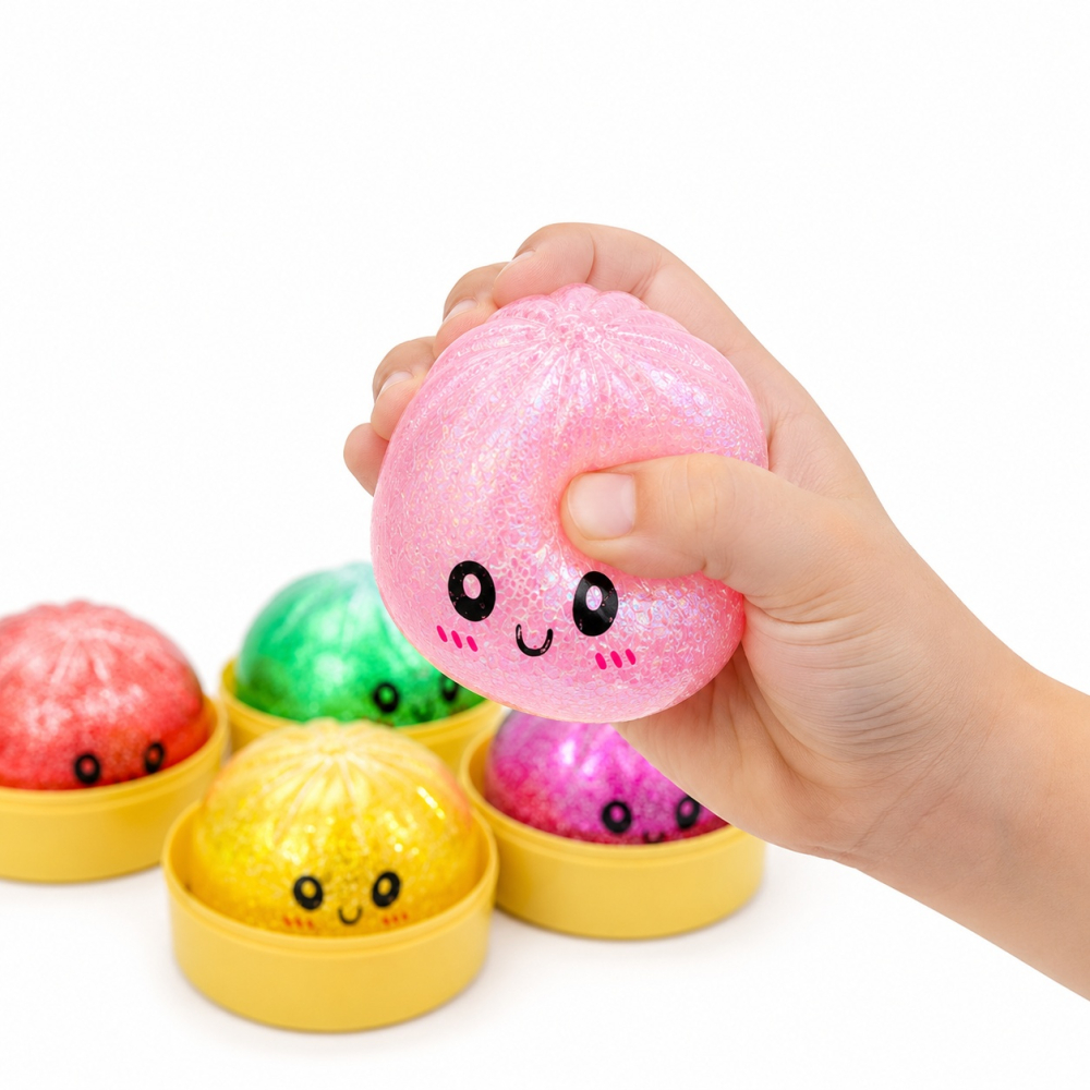 Squishy Dumplings cu Sclipici și Biluțe Gel 8,5 cm în Cutie Tip Bambus - Jucărie Antistres, Model Aleatoriu [2]