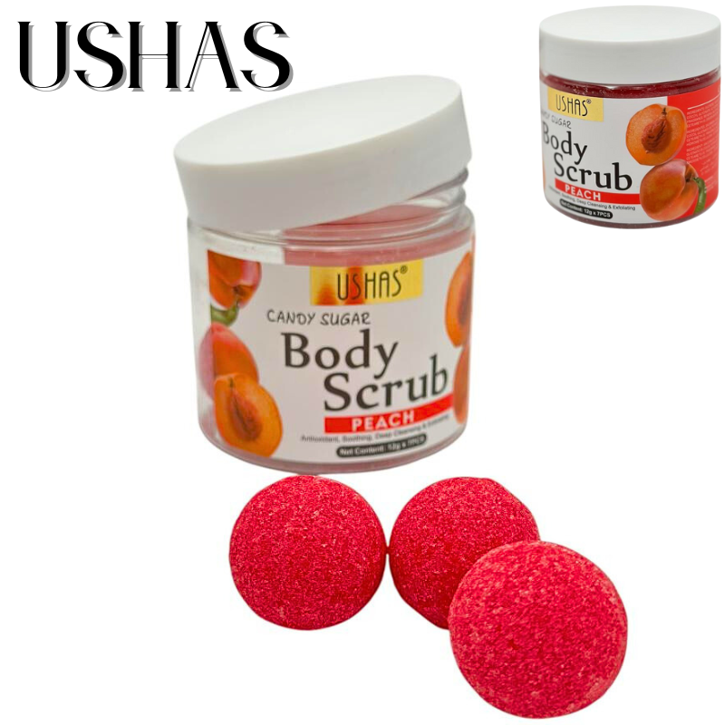Ushas Body Scrub Peach 12g x 7 – Exfoliant cu Zahar si Piersica, Catifelare si Revitalizare Piele, BaoBao [1]