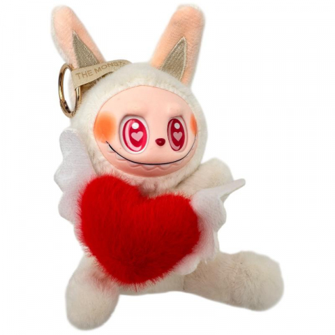 Jucarii de plus - Plus Labubu Alb 18cm – Fall in Wild – Figurina Colectie cu Inima Rosie, Aripi si Breloc Cadou, BaoBao
