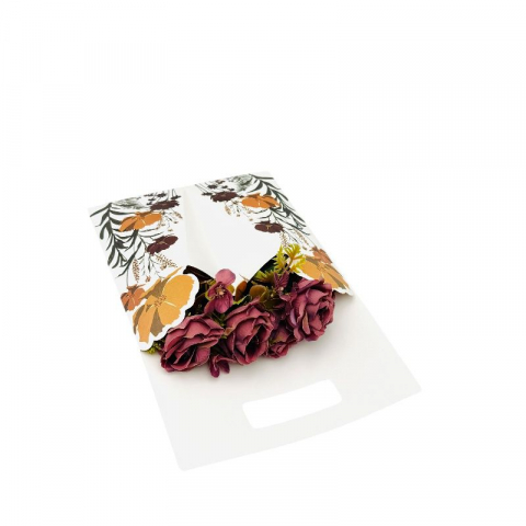 Aranjament floral deosebit cu buchet de trandafiri si flori de camelie, visiniu, 34×23 cm [2]