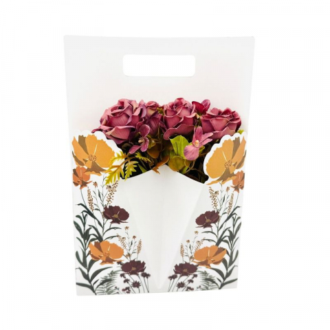 Aranjamente florale - Aranjament floral deosebit cu buchet de trandafiri si flori de camelie, visiniu, 34×23 cm