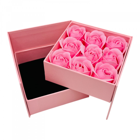 Aranjament floral,Cutie Cadou Premium cu 9 Trandafir de Sapun, Compartiment și Punguta Asortata, 11,5x11,5x9,5 cm [2]