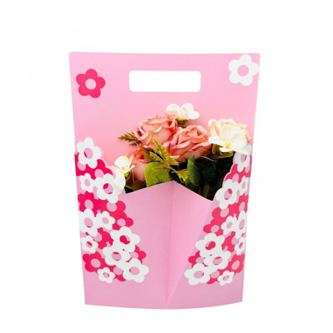 Aranjamente florale - Aranjament floral deosebit cu buchet de trandafiri și flori de camelie, alb-roz, 34×23 cm