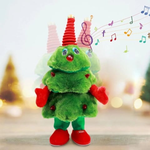 Articole pentru Craciun - Brad muzical animat 42 cm cu saxofon, LED roșu și dans – 8 melodii, funcționare pe baterii
