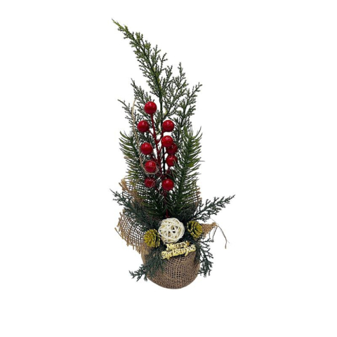 Bradut decorativ Craciun in ghiveci cu iuta – cu bobite rosii 34cm [2]