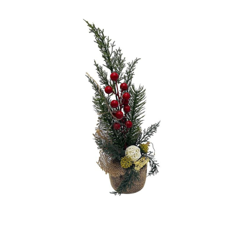 Articole pentru Craciun - Bradut decorativ Craciun in ghiveci cu iuta – cu bobite rosii 34cm