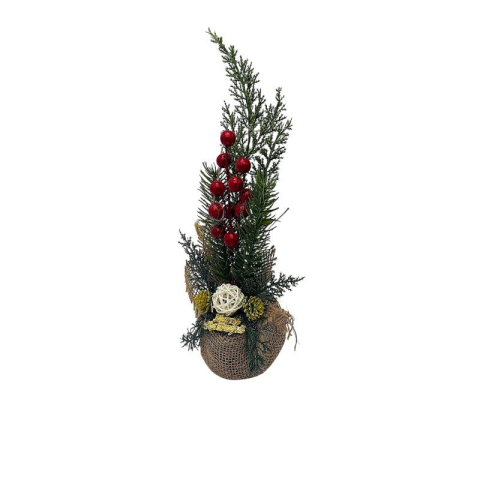 Bradut decorativ Craciun in ghiveci cu iuta – cu bobite rosii 34cm [1]