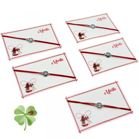 Martisor Bratara - Set de 5 bratari reglabile Martisor, cu snur elastic si pandantiv gargarita – model 2025
