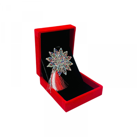 Brosa Floare cu Strasuri Multicolore si Ciucure Traditional pentru Martisor, in Cutie Catifelata Premium [2]