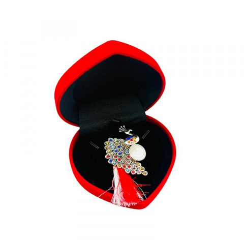 Martisoare - Brosa paun de lux, sidefata cu pietre si ciucure pentru martisor, in cutie din catifea premium in forma de inima