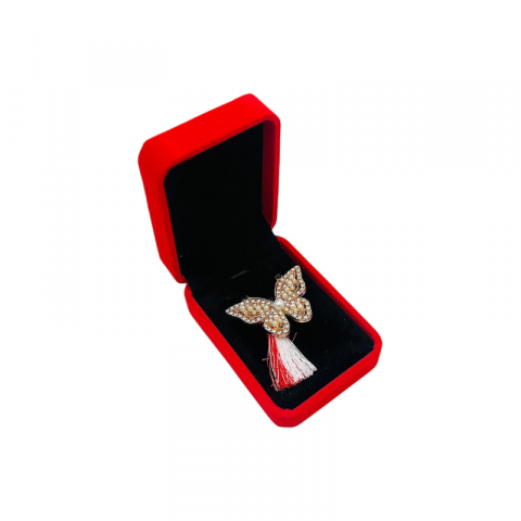 Martisoare - Brosa Fluture de Lux cu Strasuri si Perle, Ciucure Traditional pentru Martisor, in Cutie Catifelata Premium