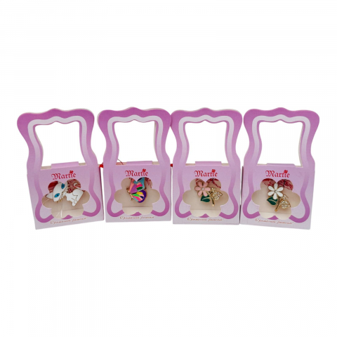 Martisoare diverse - Set 4 Brosa Martisor deosebita ambalata in posetuta lila, modele combinate, 12×7.5cm