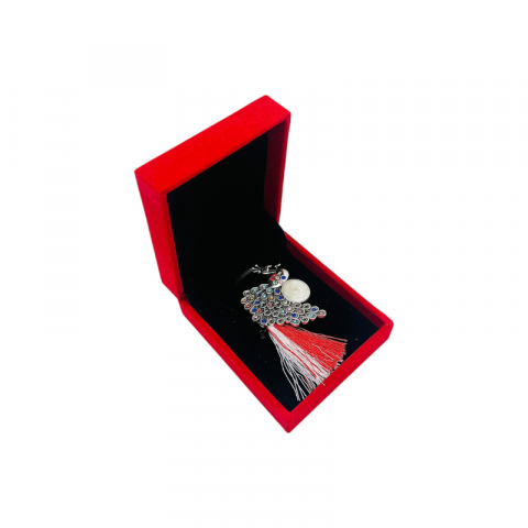 Martisoare - Brosa Paun Elegant cu Strasuri Multicolore si Ciucure Traditional pentru Martisor, in Cutie Catifelata Premium