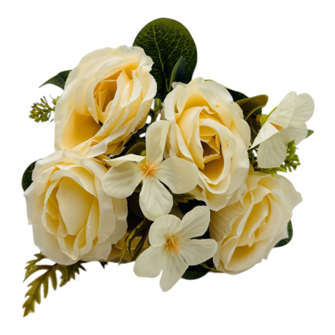 Idei de cadouri - Buchet artificial deosebit cu 5 bujori si 3 flori de eucalipt cu frunze si boboci, crem, 29cm, calitate superioara