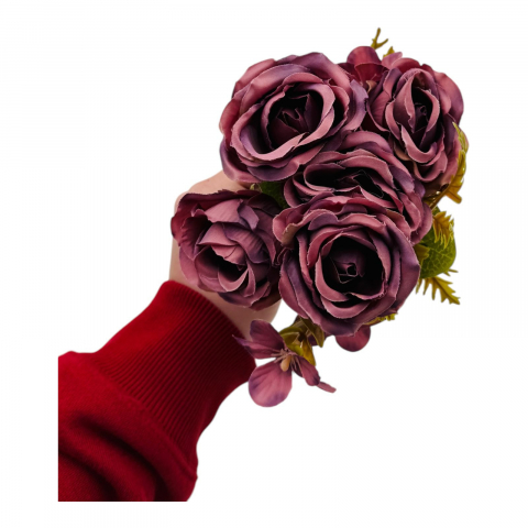 Buchet artificial deosebit cu 5 bujori si 3 flori de eucalipt cu frunze si boboci, mov, 29cm, calitate superioara [1]