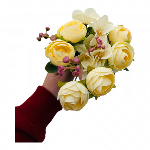 Idei de cadouri - Buchet artificial deosebit cu 6 bujori, 10 flori de camelie si bulbi, un singur fir, 29cm, crem