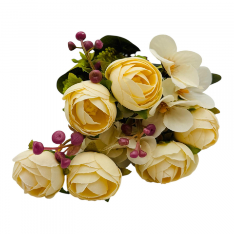Buchet artificial deosebit cu 6 bujori, 10 flori de camelie si bulbi, un singur fir, 29cm, crem [1]