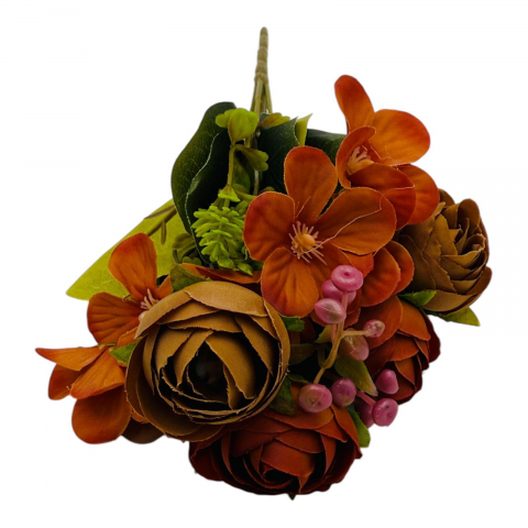 Idei de cadouri - Buchet artificial deosebit cu 6 bujori, 10 flori de camelie si bulbi, un singur fir, 29cm, maro