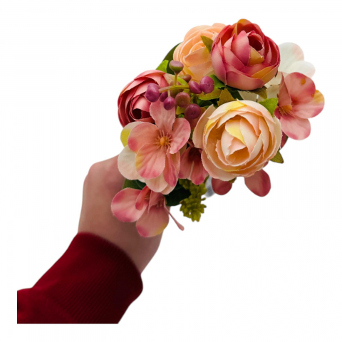 Buchet artificial deosebit cu 6 bujori, 10 flori de camelie si bulbi, un singur fir, 29cm,roz+crem [2]