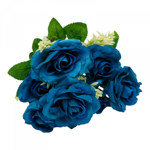 Buchet artificial deosebit cu 7 trandafiri si crengute de eucalipt cu boboci, un singur fir, 30cm, albastru regal [2]