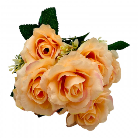 Buchet artificial deosebit cu 7 trandafiri si crengute de eucalipt cu boboci, un singur fir, 30cm, portocaliu [1]