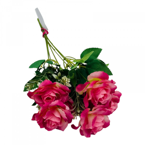 Buchet artificial deosebit cu 7 trandafiri si crengute de eucalipt cu boboci, un singur fir, 30cm, roz+mov [2]