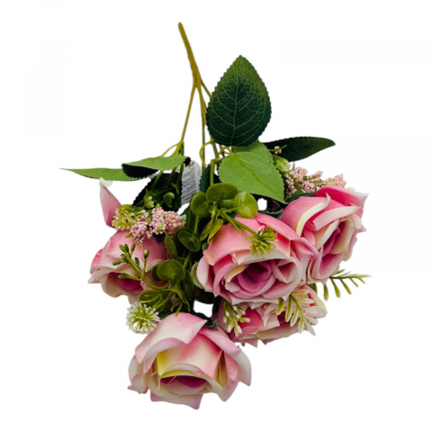 Buchet artificial elegant cu 5 trandafiri si boboci flori diverse, un singur fir, 30cm, roz +crem [1]