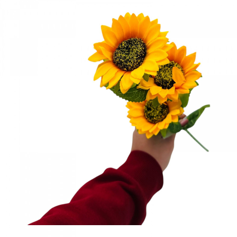 Buchet Floarea- Soarelui artificiala, 3 flori, un singur fir, 62 cm, galben intens [1]
