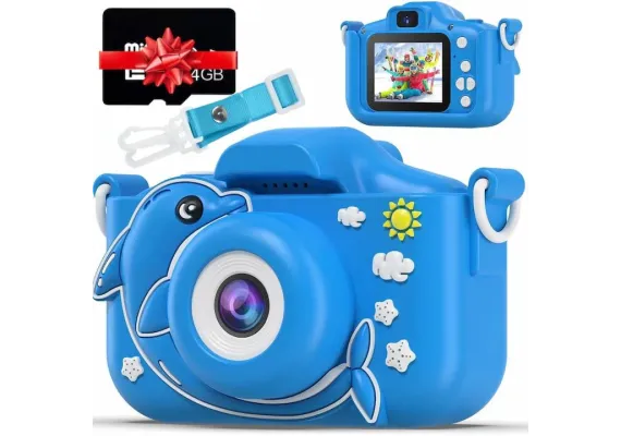 Jucarii, Copii & Bebe - Camera foto digitala pentru copii, model delfin, HD 1080P, display IPS, ecran 2inch, USB, suport card SD, 13×12×6cm 