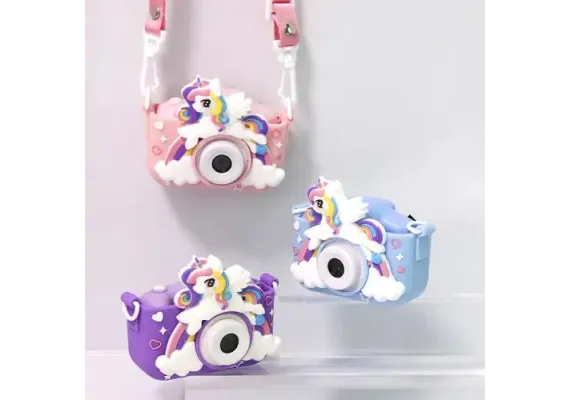 Jucarii, Copii & Bebe - Camera foto pentru fetițe, model unicorn, incarcare USB, suport card, 1080P HD, 600mAh, display IPS, 13×12×6cm 