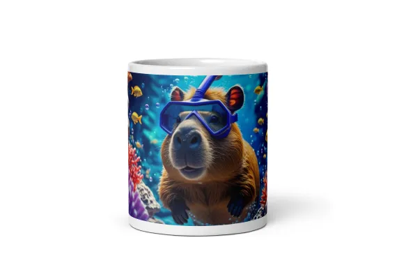Cani cu Design si Personalizabile - Cana ceramica 330 ml cu model Capibara cu ochelari de scufundari si pestisori