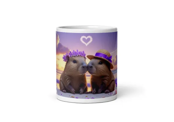 Cani cu Design si Personalizabile - Cana ceramica 330 ml cu model Capibara indragostiti pe plaja