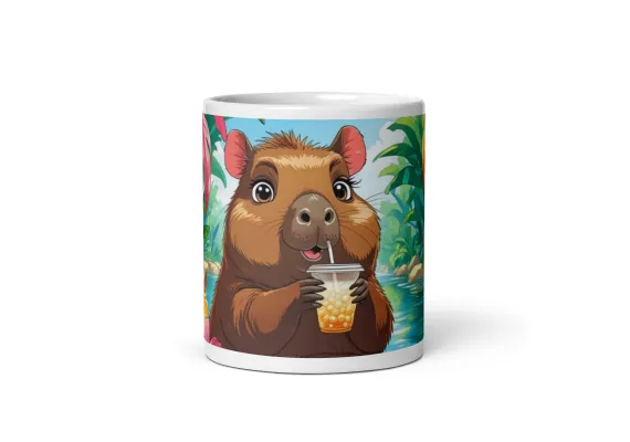 Cani cu Design si Personalizabile - Cana ceramica 330 ml cu model Capibara si buble tea in jungla