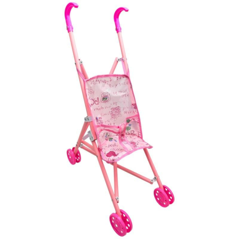 Carucior de jucarie roz pentru papusi, pliabil, cu cadru metalic si roti duble, model usor si compact, 80-90 cm inaltime aproximativa,  [1]