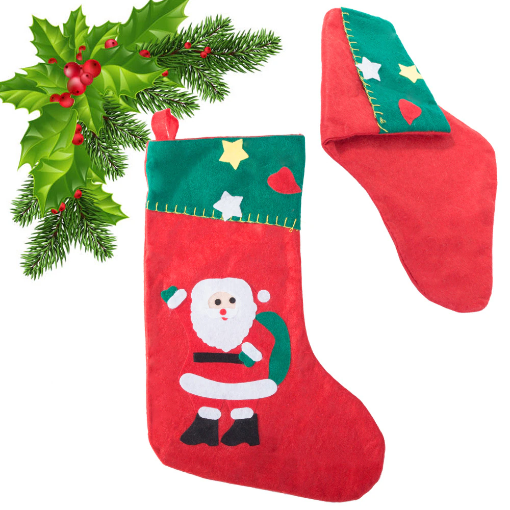 Articole pentru Craciun - Ciorap Craciun decorativ textil rosu cu imprimeu Mos Craciun si braduti – 38x25 cm