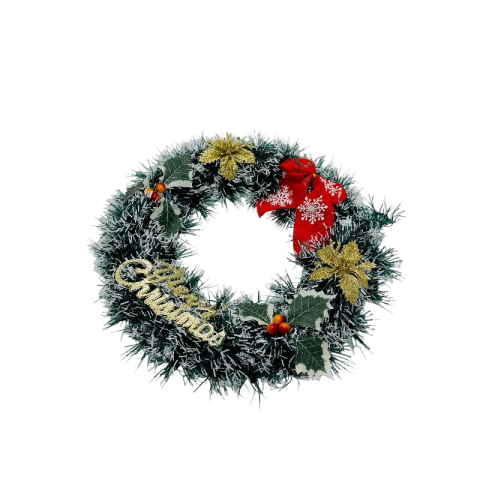 Coronita de Craciun artificiala 30 cm cu funda rosie, flori aurii, frunze verzi si mesaj Merry Christmas [2]