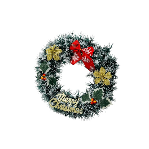 Coronita de Craciun artificiala 30 cm cu funda rosie, flori aurii, frunze verzi si mesaj Merry Christmas [1]