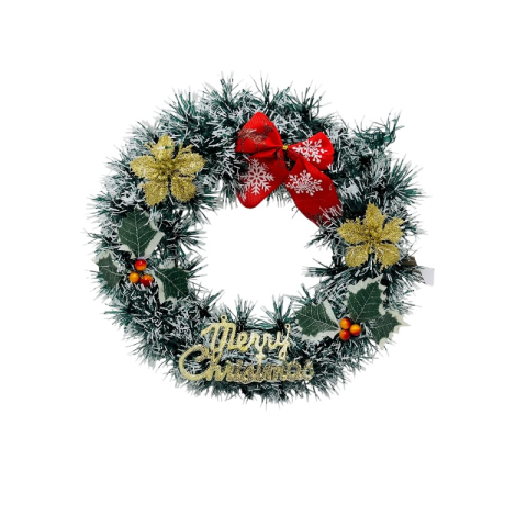 Articole pentru Craciun - Coronita de Craciun artificiala 30 cm cu funda rosie, flori aurii, frunze verzi si mesaj Merry Christmas